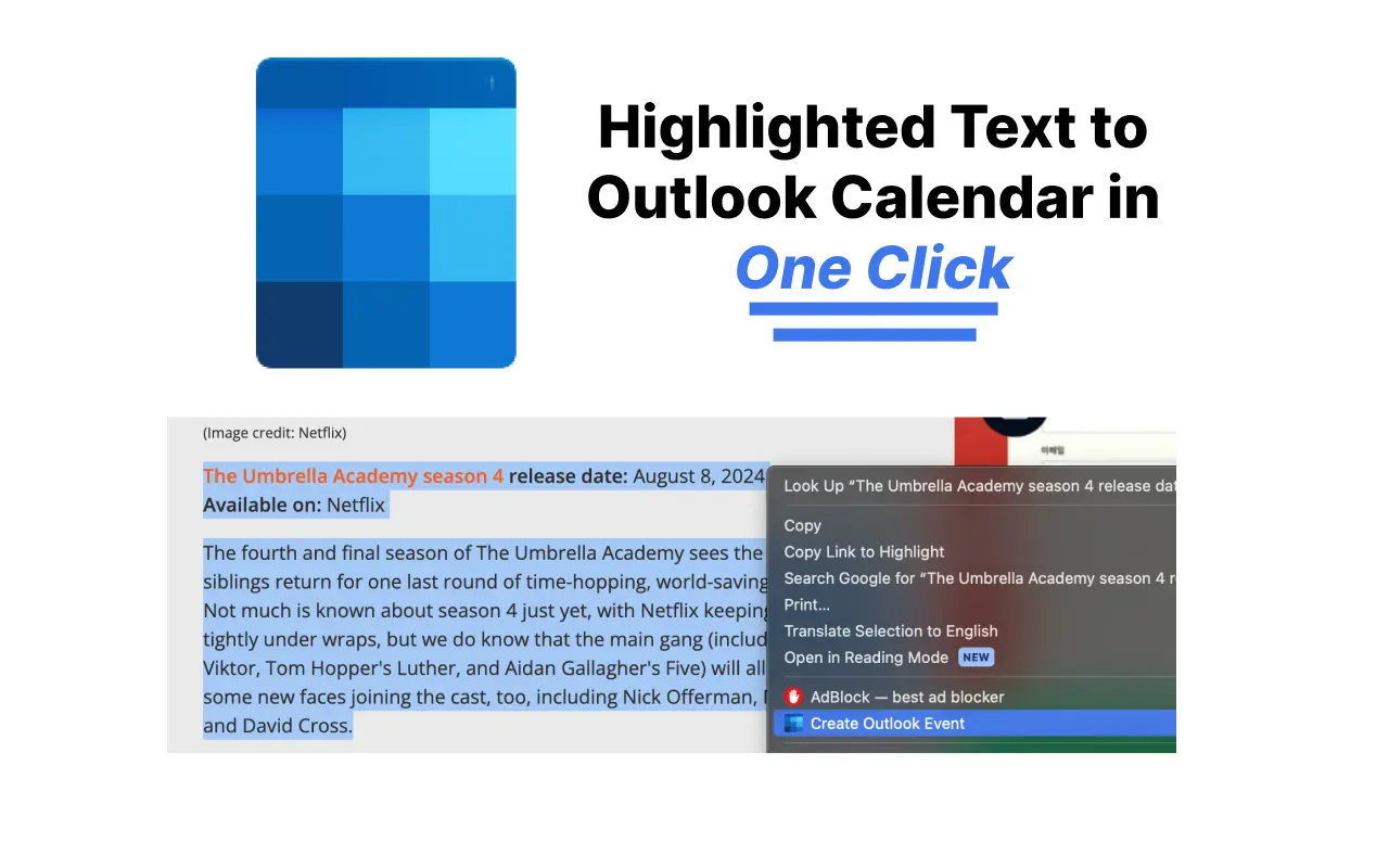 Text to Outlook Calendar extension creating an Outlook calendar event from highlighted text